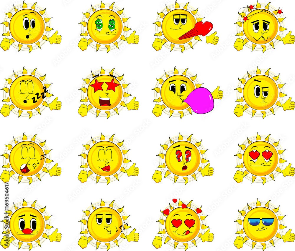 Cartoon sun making thumbs up sign. Collection with various facial expressions. Vector set.