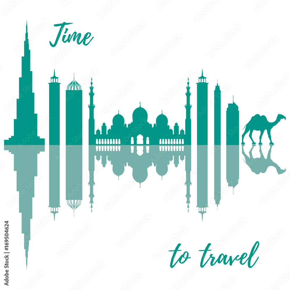 Vector illustration of United Arab Emirates skyscrapers silhouette and camel. Dubai and Abu dhabi buildings.