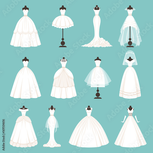 Different styles of brides dresses. Vector illustration in cartoon style