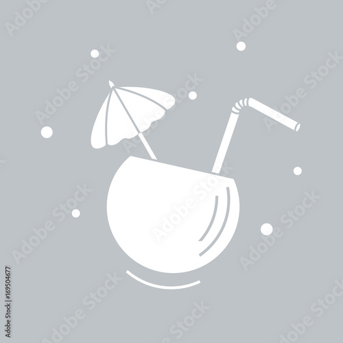 Stylized icon of the cocktail in half coconut, tube and umbrella. Travel and leisure.