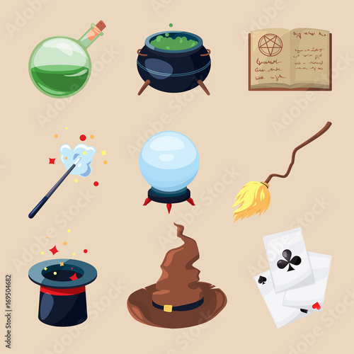 Different symbols of wizards and magicians. Mystery book, magic parchment and wand. Vector icons set in cartoon style