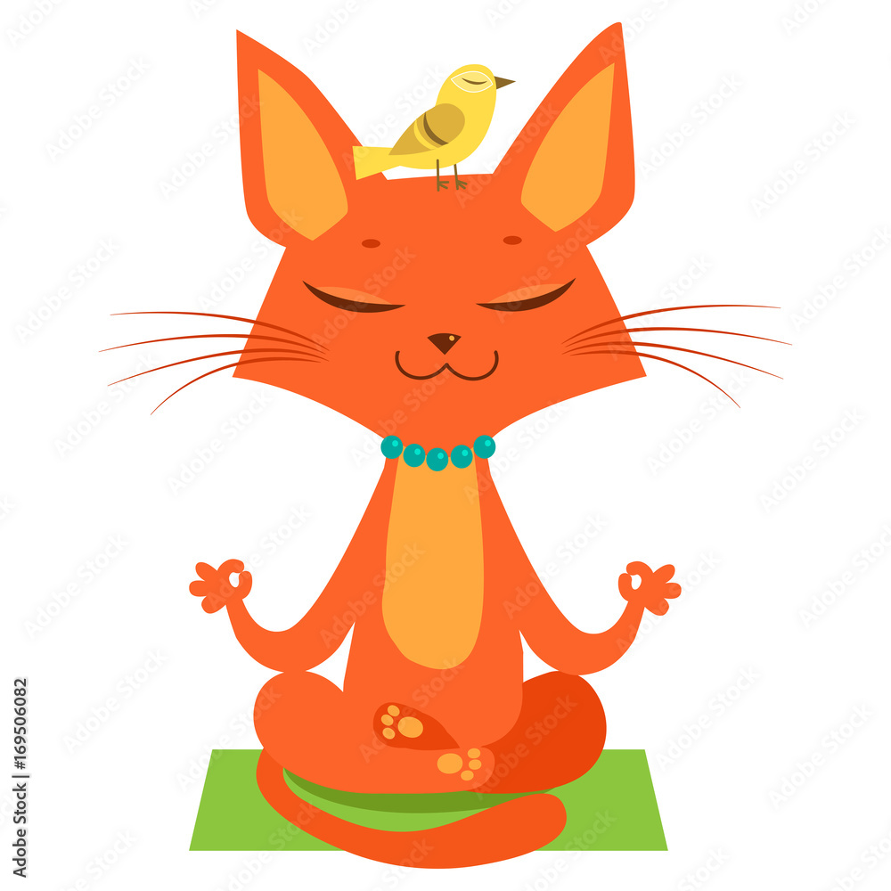 Vecteur Stock Meditating Yoga Cat Vector. Funny Cartoon Cat Practicing