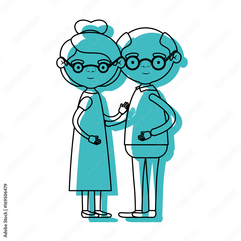 blue watercolor silhouette of full body couple elderly of grandmother with collected hair in dress and bald grandfather with glasses blue watercolor silhouette of full body couple elderly of grandmother with collected hair in dress and bald grandfather with glasses