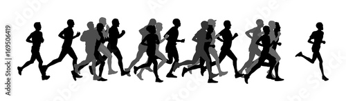 Group of marathon racers running. Marathon people vector silhouette illustration. Healthy lifestyle women and man. Traditional sport race. Urban runners on the street. Team building concept. 