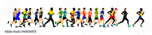 Group of marathon racers running. Marathon people vector illustration. Healthy lifestyle women and man. Traditional sport race.  Urban runners on the street. Team building concept.