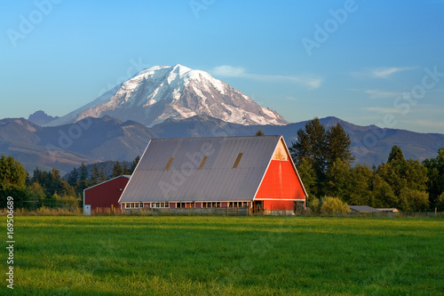 Red barn and Mt Rainier photo