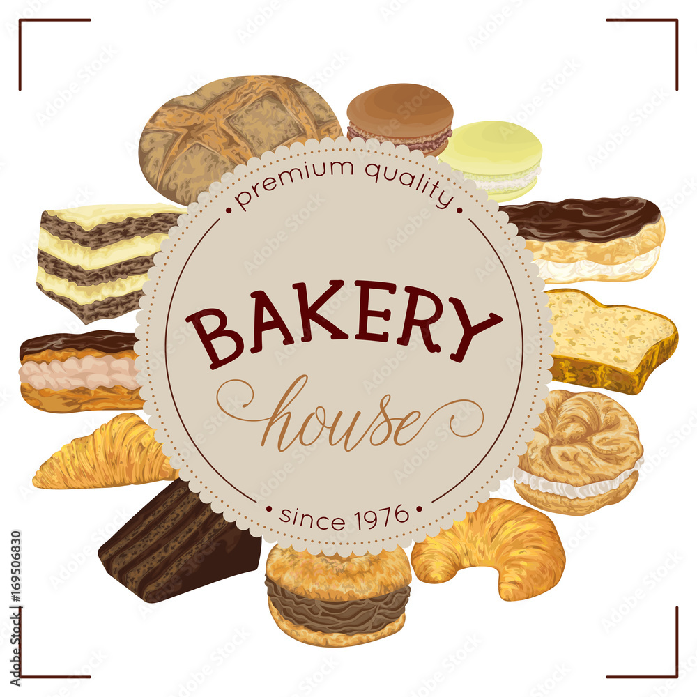 Plakat Bakery label with bread and pastries collection. Isolated elements. Hand drawn vector illustration in watercolor style