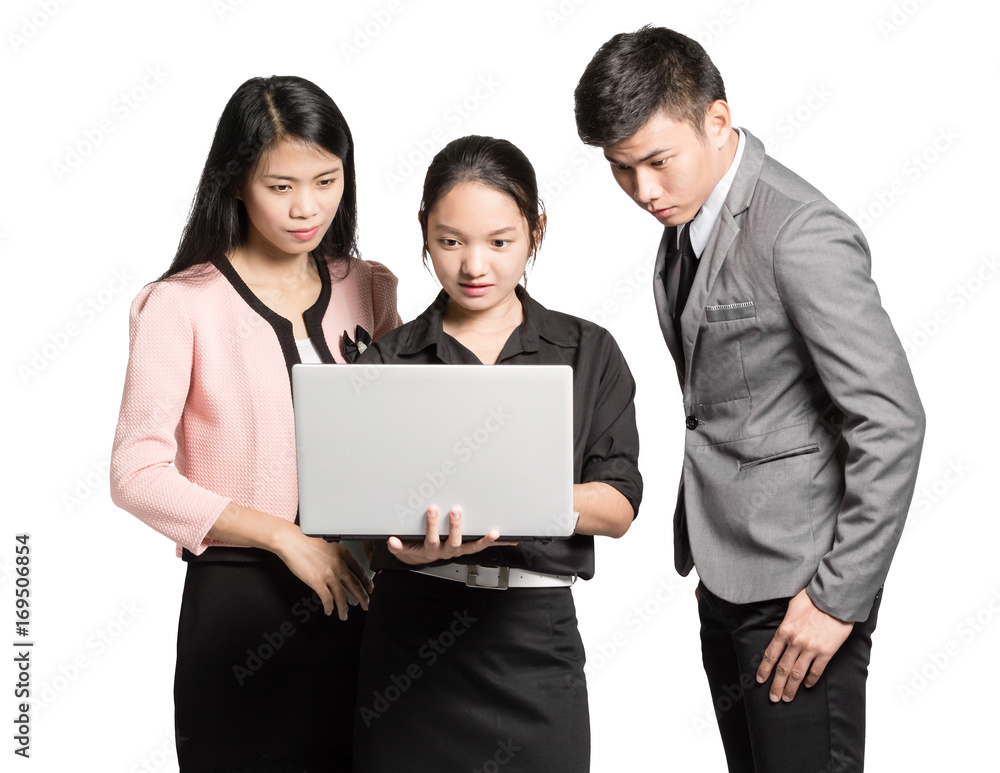 portrait of young business woman and business man using a notebook computer for presentation. Isolated on white background with copy space portrait of young business woman and business man using a notebook computer for presentation. Isolated on white background with copy space