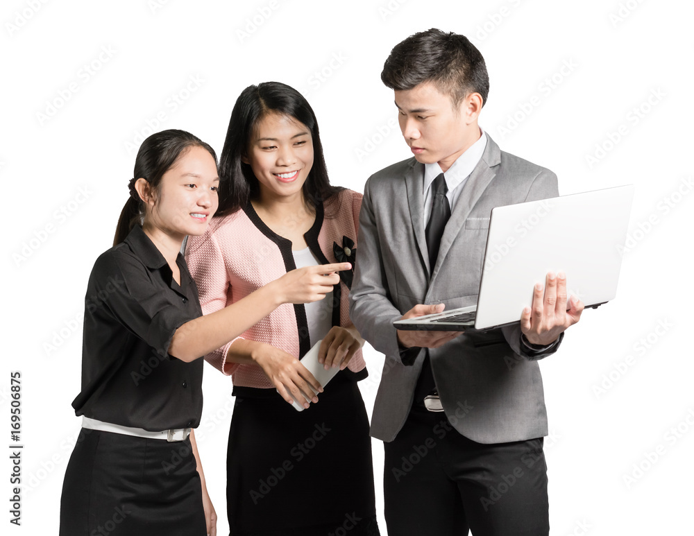 portrait of young business woman and business man using a notebook computer for presentation. Isolated on white background with copy space portrait of young business woman and business man using a notebook computer for presentation. Isolated on white background with copy space