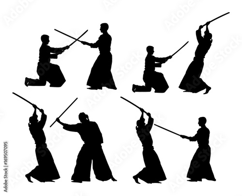 Fight between two aikido fighters vector silhouette symbol illustration. Sparring on training action. Self defense, defence art exercising concept. photo