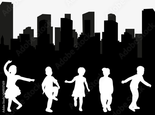 silhouette group of children playing on city background