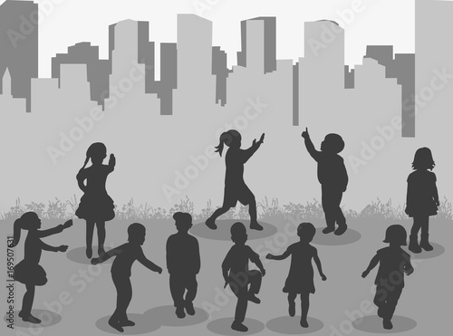 vector, isolated silhouette group of children playing on a gray city background