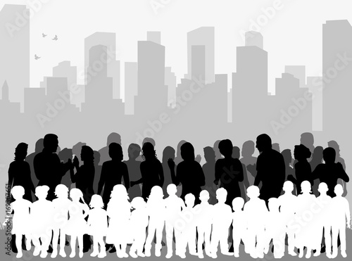 Vector, isolated crowd of people and children