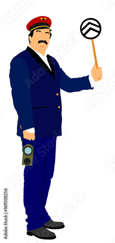 Railroader in uniform vector. Railway man on duty. Platform controller at a steam railway station. Old railway worker traffic controller giving a signals to the train crew.