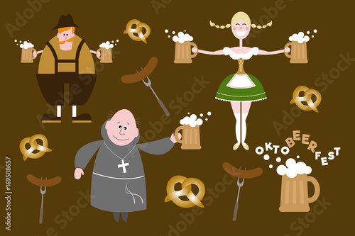 Set of flat Oktoberfest characters on dark brown background. Man, girl and monk with mugs. Pretzel and  sausage. Beer festival costumes.