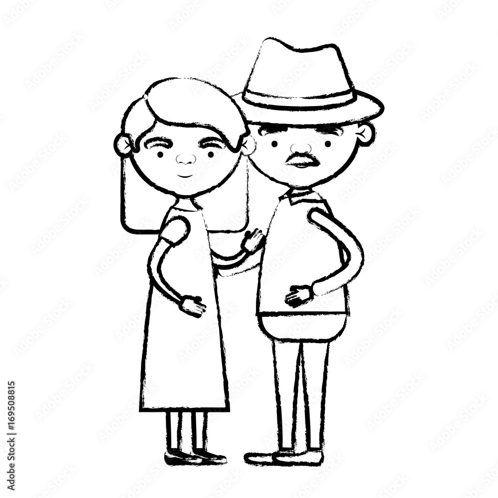 blurred silhouette of full body couple elderly of grandmother with straight medium hair in dress with grandfather with hat and moustache blurred silhouette of full body couple elderly of grandmother with straight medium hair in dress with grandfather with hat and moustache