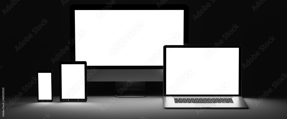 Dark modern computer laptop mobile phone and tablet 3D rendering