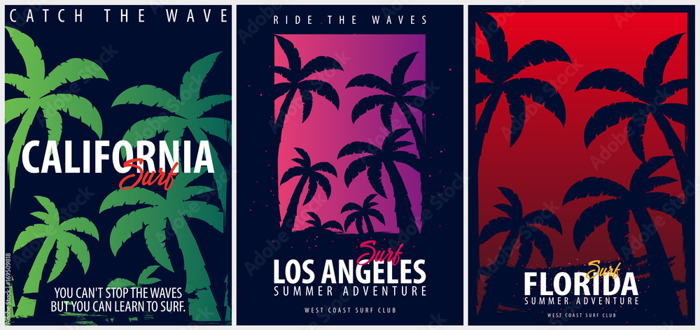Set of California Surfing graphics with palms. T-shirt design and print. Set of California Surfing graphics with palms. T-shirt design and print.