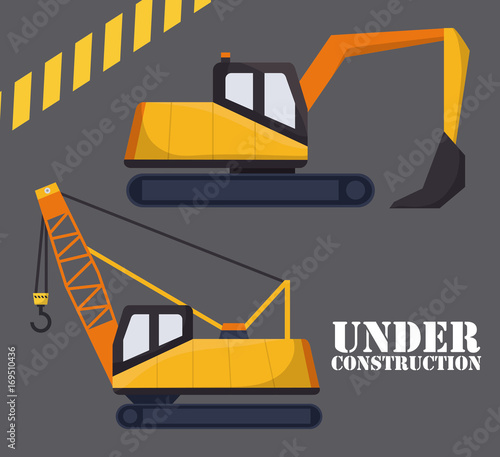 backhoe and crane truck icon over gray background colorful design vector illustration