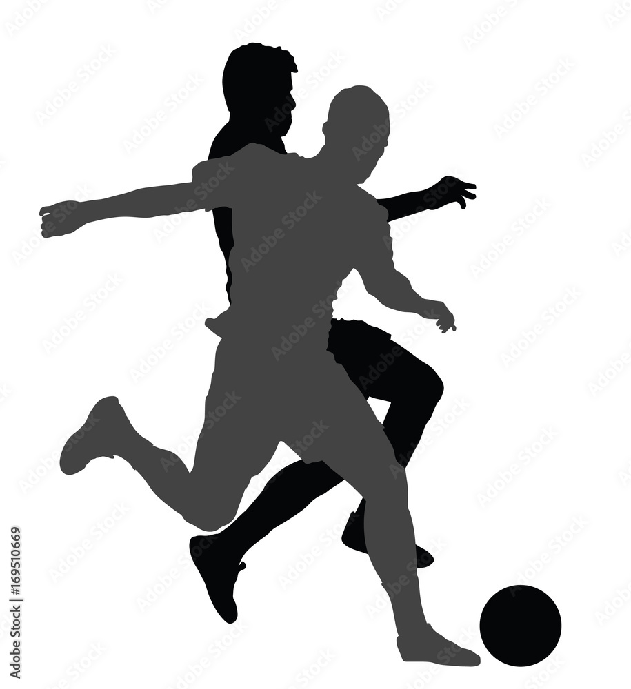 Isolated poses of soccer players in duel vector silhouettes on white background. Football player silhouette cutout outlines. 