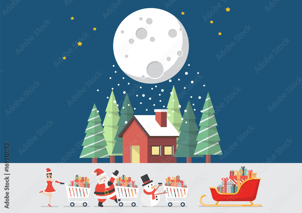 Santa claus Santa girl and Snowman push a shopping cart to sleigh with winter house