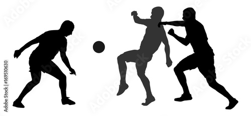 Isolated poses of soccer players in duel vector silhouettes on white background. Football player silhouette cutout outlines. 