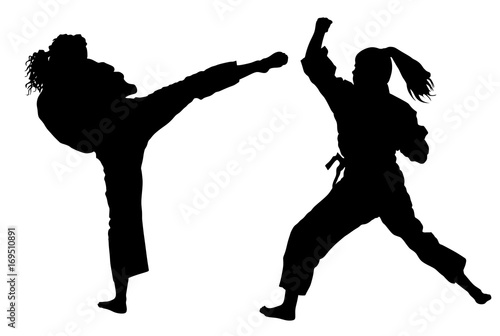 Karate woman fighters in kimono, vector silhouette illustration. Judo fighters ladies battle. Japan traditional martial art. Self-defense presentation. In healthy body healthy mind.