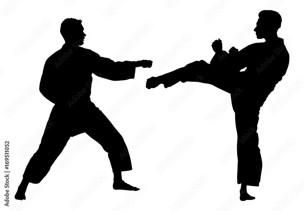 Karate man fighters in kimono, vector silhouette illustration. Judo fighters battle silhouette. Japan traditional martial art. Self-defense presentation. In healthy body healthy mind.