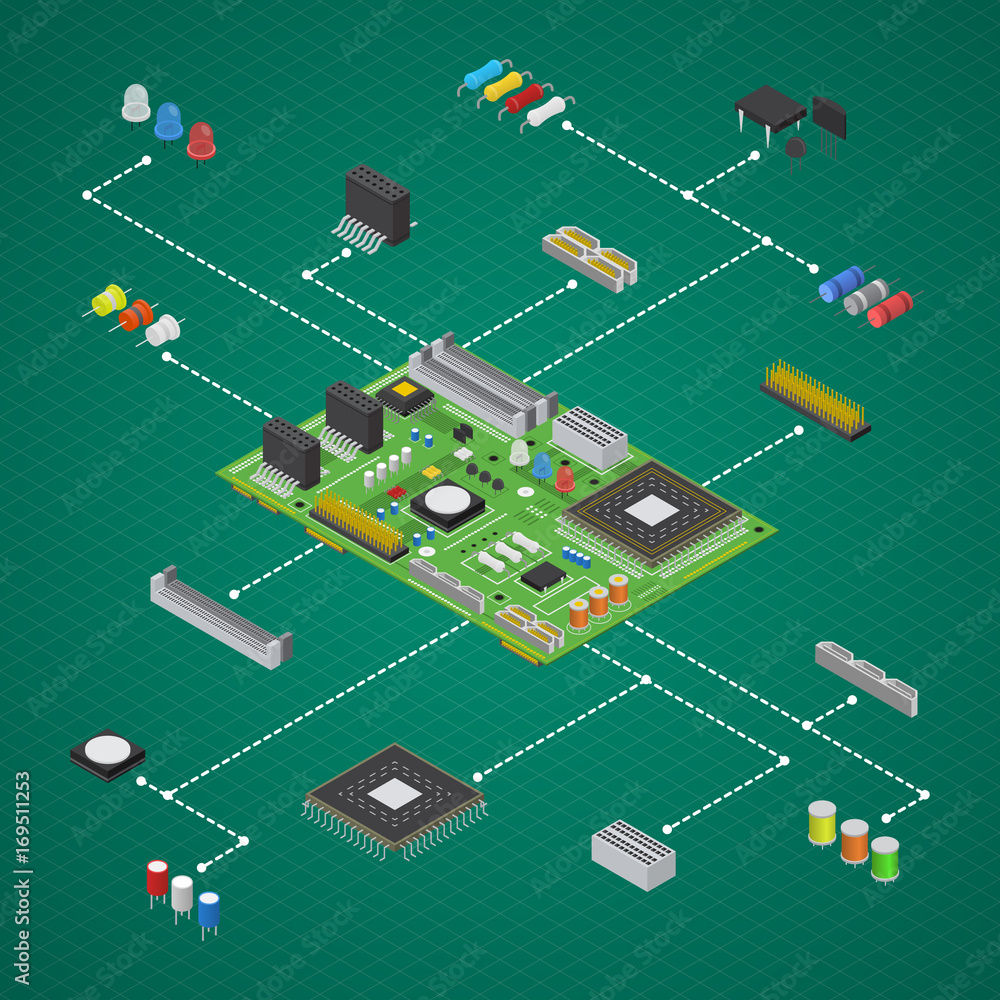 Computer Electronic Circuit Board Component Set Isometric View. Vector Computer Electronic Circuit Board Component Set Isometric View. Vector