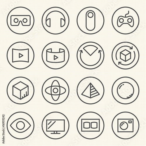 Rounded Line icons for Virtual Reality innovation technologies. Uses of Virtual Reality.