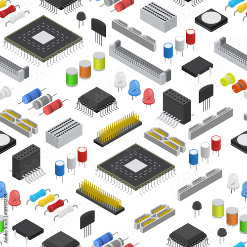 Computer Electronic Circuit Board Component Background Pattern on a White Isometric View. Vector