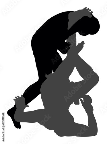 Two mma fighters vector silhouette illustration isolated on white background. 