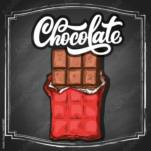 Hand drawn chocolate bar with custom lettering, colorful draft sketch on chalkboard background with square frame. Vintage vector illustration.