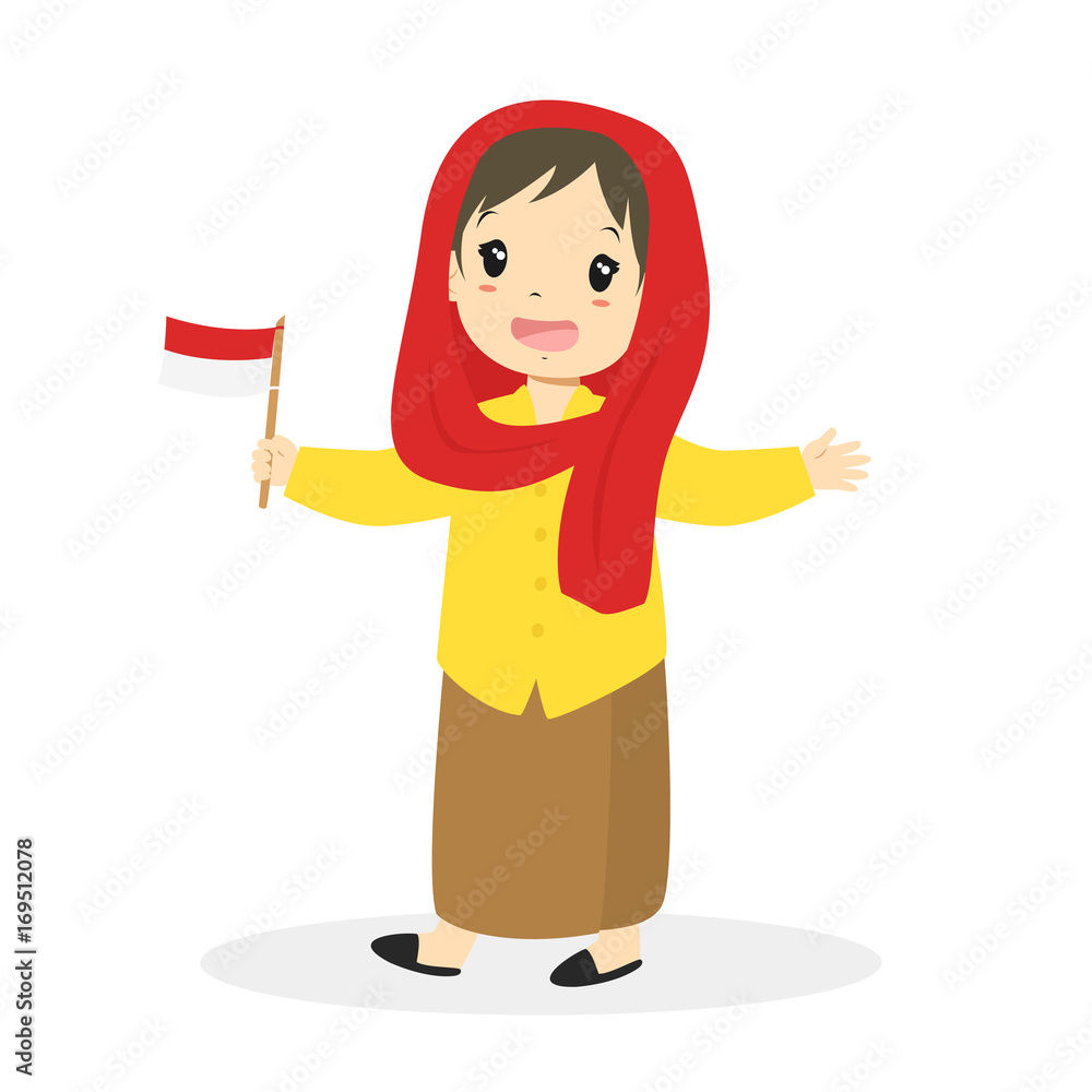 Fototapeta premium Jakarta, Betawi girl wearing traditional dress and holding Indonesian flag cartoon vector