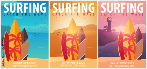 Surfing banner and poster. Surfboards on a beach. Surf and summer design.