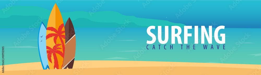 Surfing banner and poster. Surfboards on a beach. Surf and summer design. - obrazy, fototapety, plakaty 