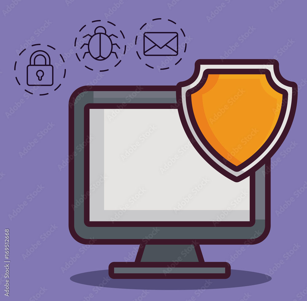 shield and computer with cyber security related icons over purple background colorful design vector illustration shield and computer with cyber security related icons over purple background colorful design vector illustration