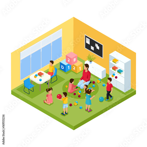 Isometric Children In Kindergarten Concept