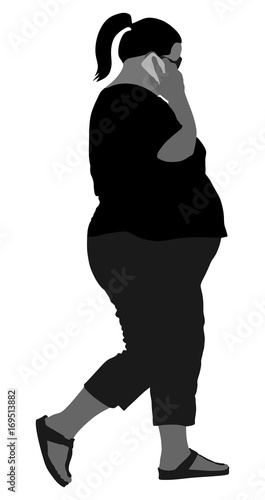 Overweight woman talking on mobile phone vector illustration. Fat girl walking with smart phone. Lazy person do not think about their health care, ordering fast food.  Difficulties in sweaty moving.