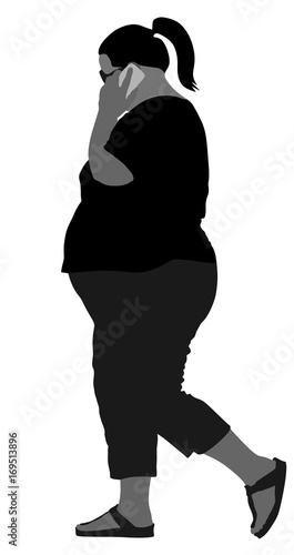 Overweight woman talking on mobile phone vector illustration. Fat girl walking with smart phone. Lazy person do not think about their health care, ordering fast food.  Difficulties in sweaty moving.