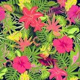 Seamless floral wallpaper with exotic flowers, palm leaves and tropical leaves