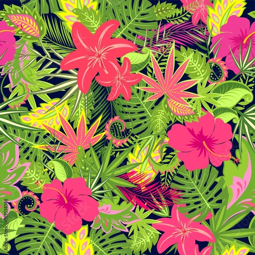 Seamless floral wallpaper with exotic flowers, palm leaves and tropical leaves