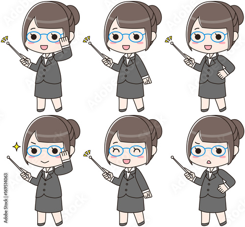 指し棒を持つ眼鏡の女性　セット　笑顔　怒り