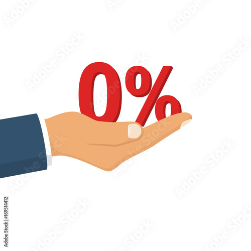 Businessman presenting zero percent. Man holding hand sign percent. Vector illustration flat design. Isolated on white background.