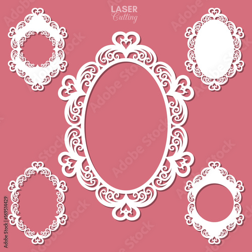 Laser cut vector frame collection with swirls and hearts, vector ornament, vintage frame. May be used for laser cutting. Photo frames with lace for paper cutting. Scrapbooking chipboard.
