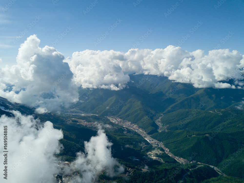 SOCHI, RUSSIA - May, 2017: Aerial view above Ski Resort Rosa Khutor