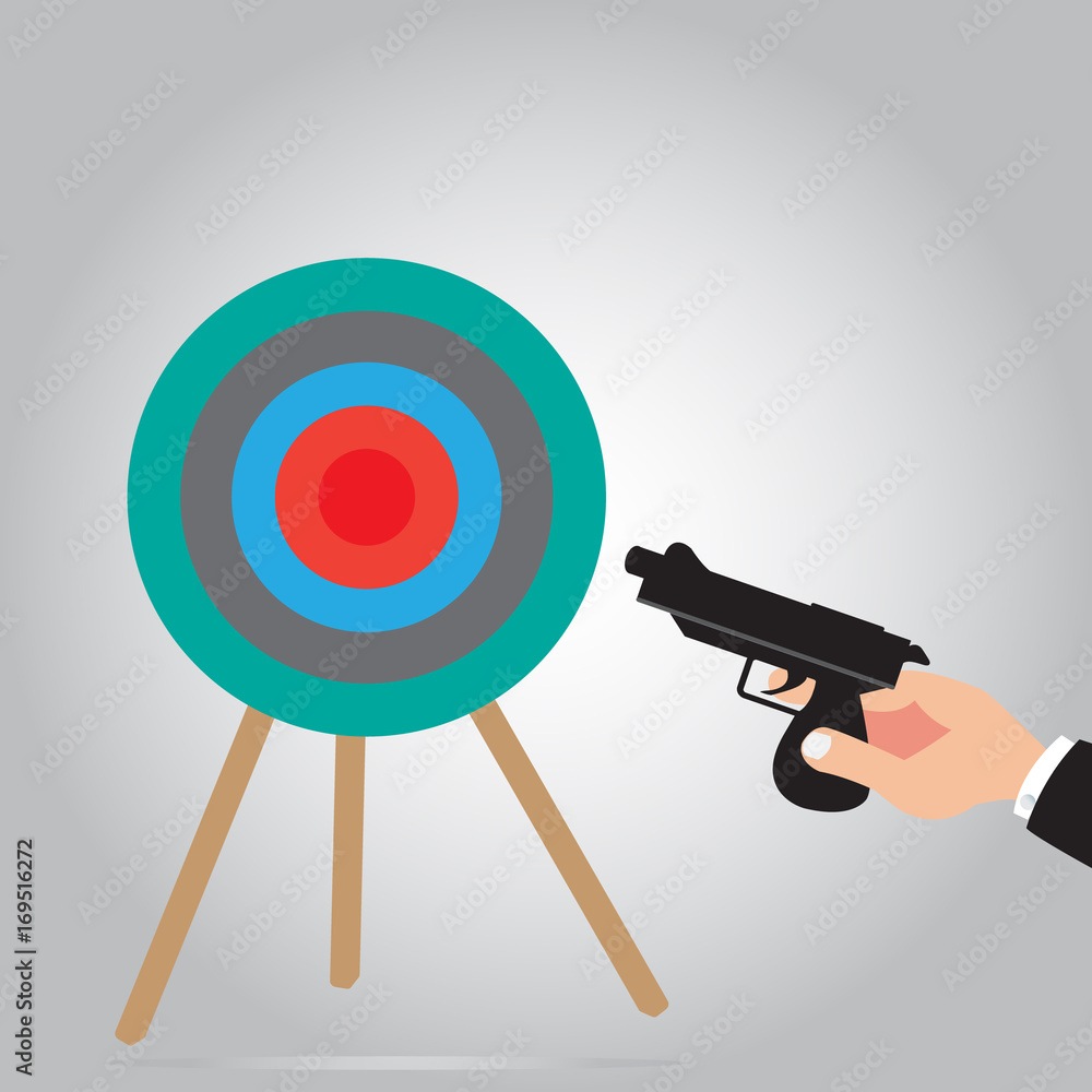 Hand holding gun for shoot target of business concept - Goal Solution Concept - Business Target of goal setting or Smart goal with illustration design
