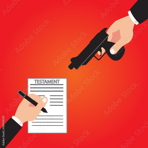 Hand holding gun coerce to sign testament with simple vector design - testament sign of concept