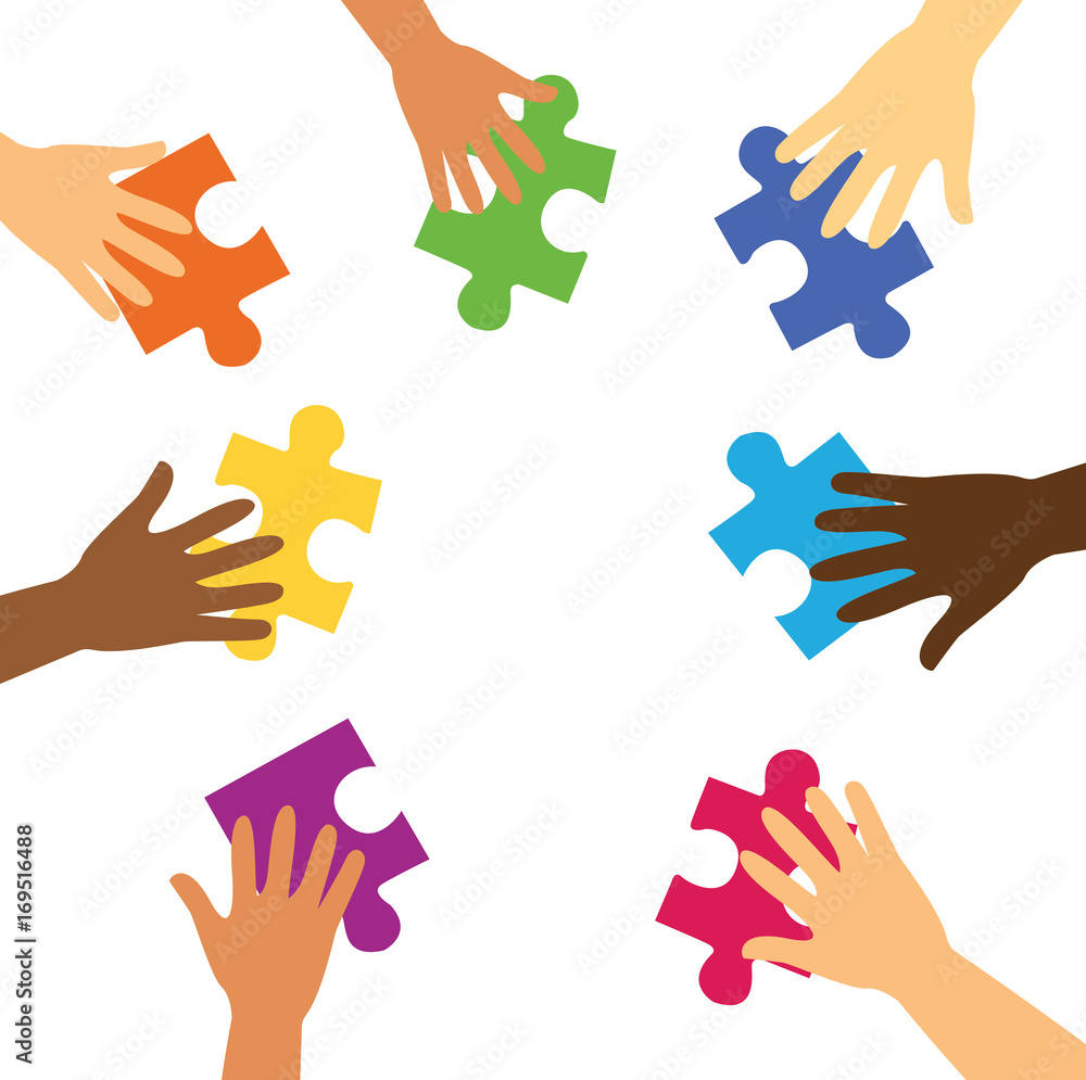 many hands holding colorful puzzle pieces vector illustration