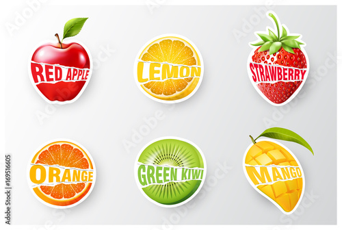 Set of orange, lemon, strawberry, kiwi, apple, mango juice,smoothie, milk, cocktail and fresh labels splash. sticker, advertisement concept vector illustration